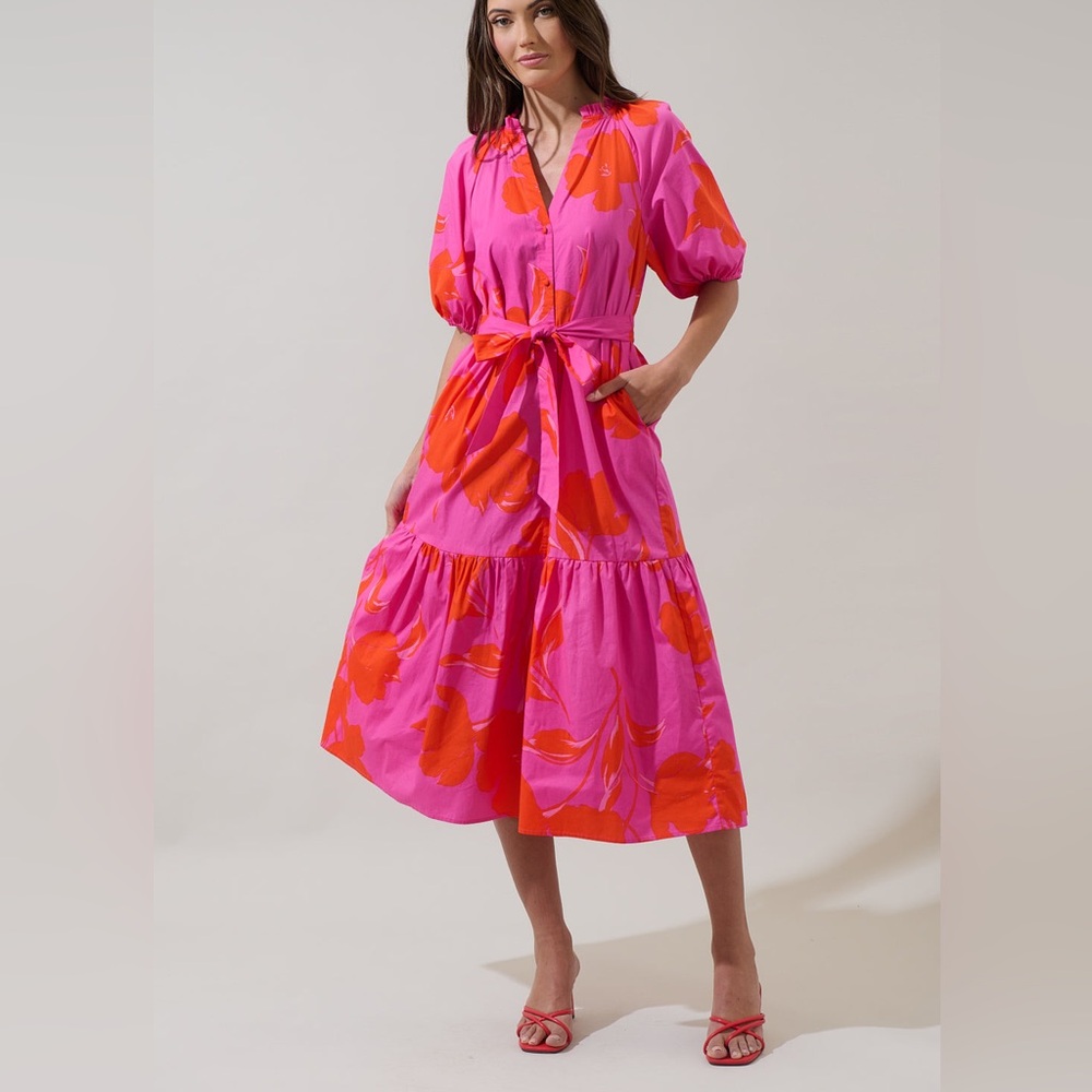 NWT Sugarlips Aurea Floral Wynette Tiered Midi 100%cotton DressCOLOR PINK-RED